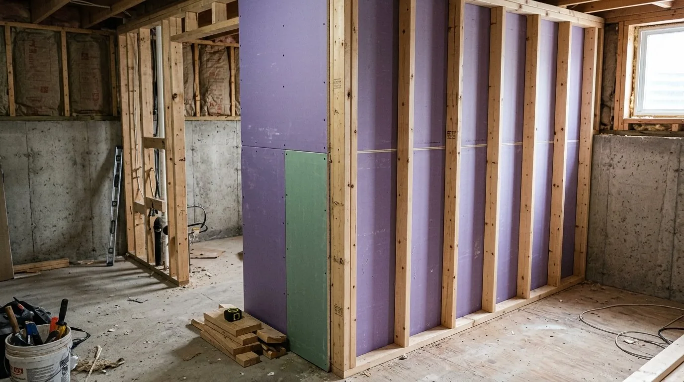 New wood wall framing and drywall panels installed during interior reconstruction work.
