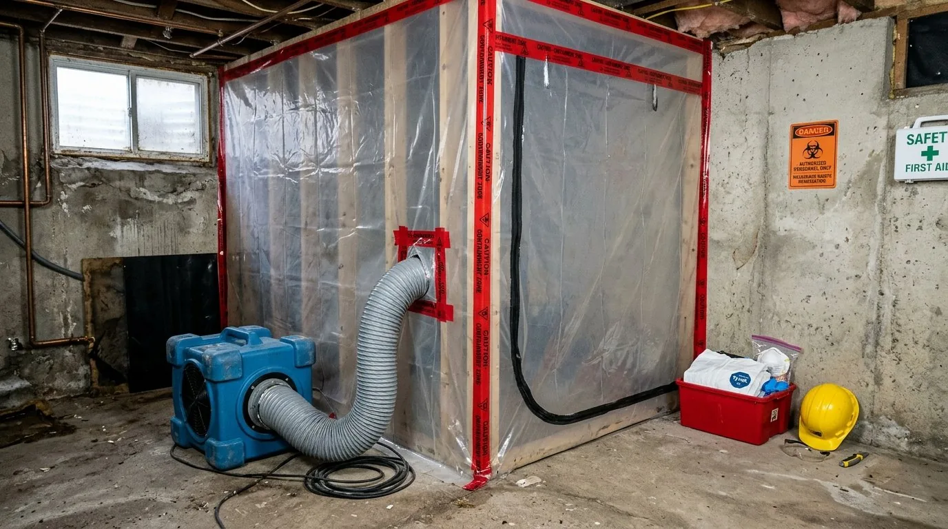 Plastic containment barrier and air ventilation equipment set up for basement remediation work.