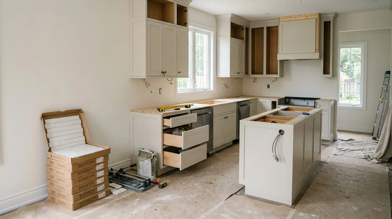 Kitchen remodeling finishing work showing partial custom cabinetry installation and stacked tiles.