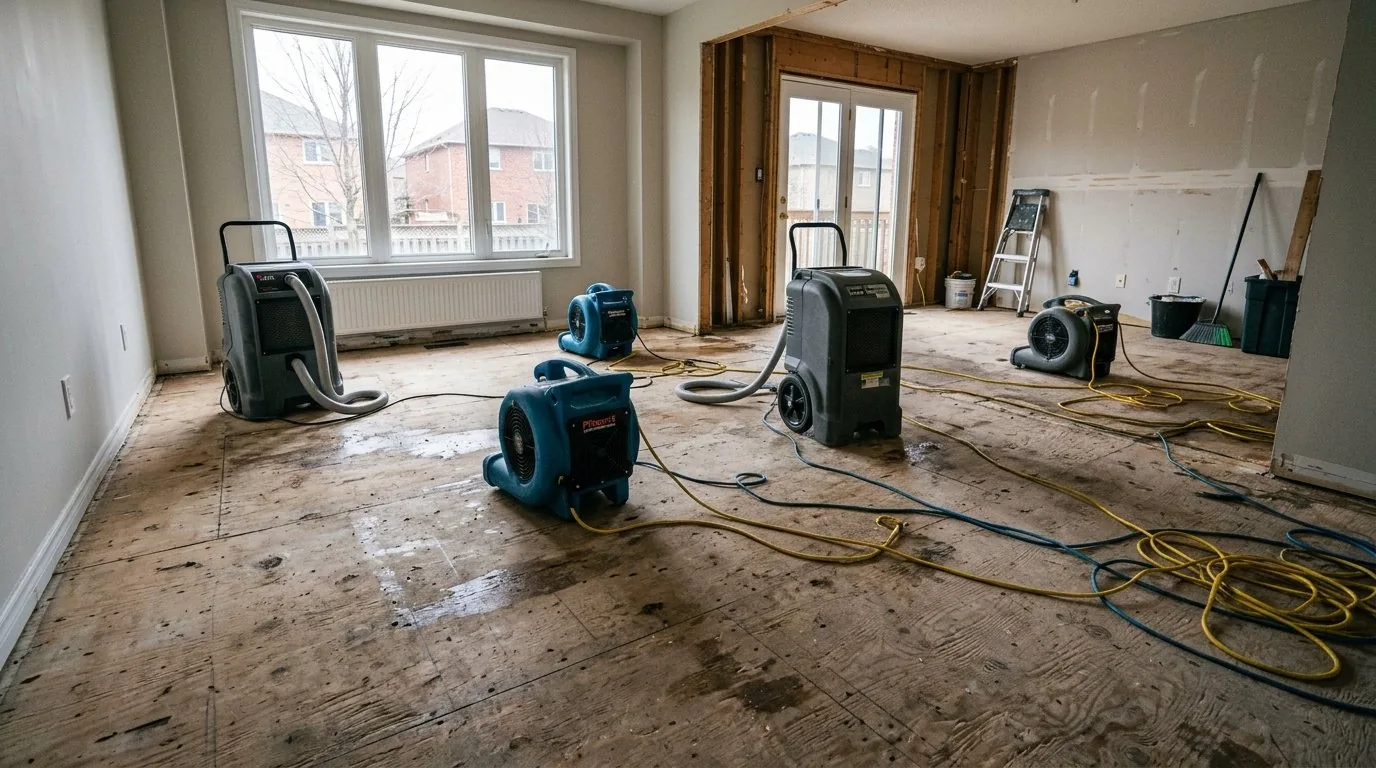Dehumidifiers and air movers drying a subfloor during water damage mitigation.