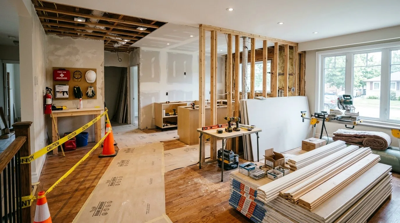 Interior renovation site showing safety barriers, organized building materials, and clear work pathways.