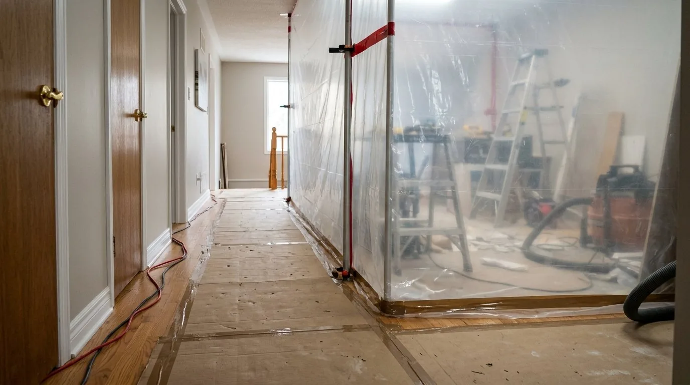 Dust containment plastic barrier and floor protection installed for residential renovation work.