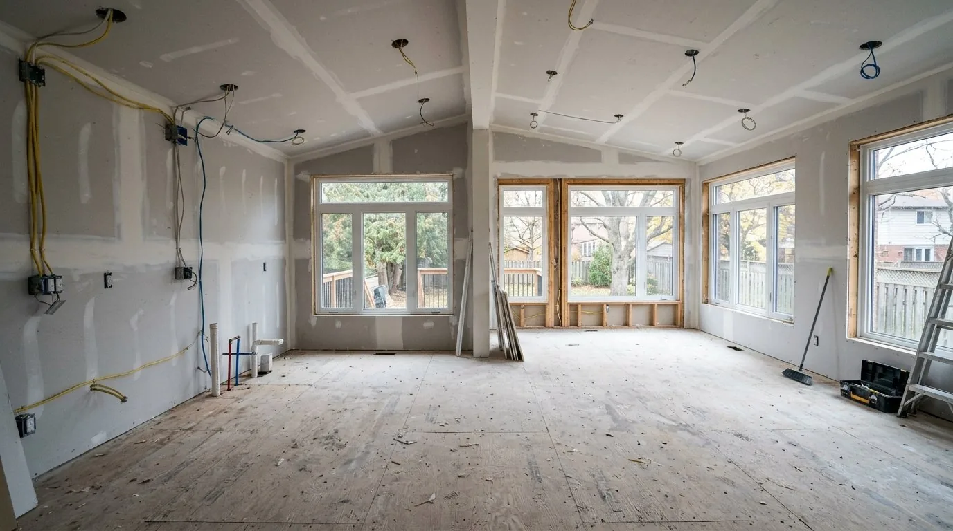Drywall installation and electrical wiring inside a newly built home addition room.