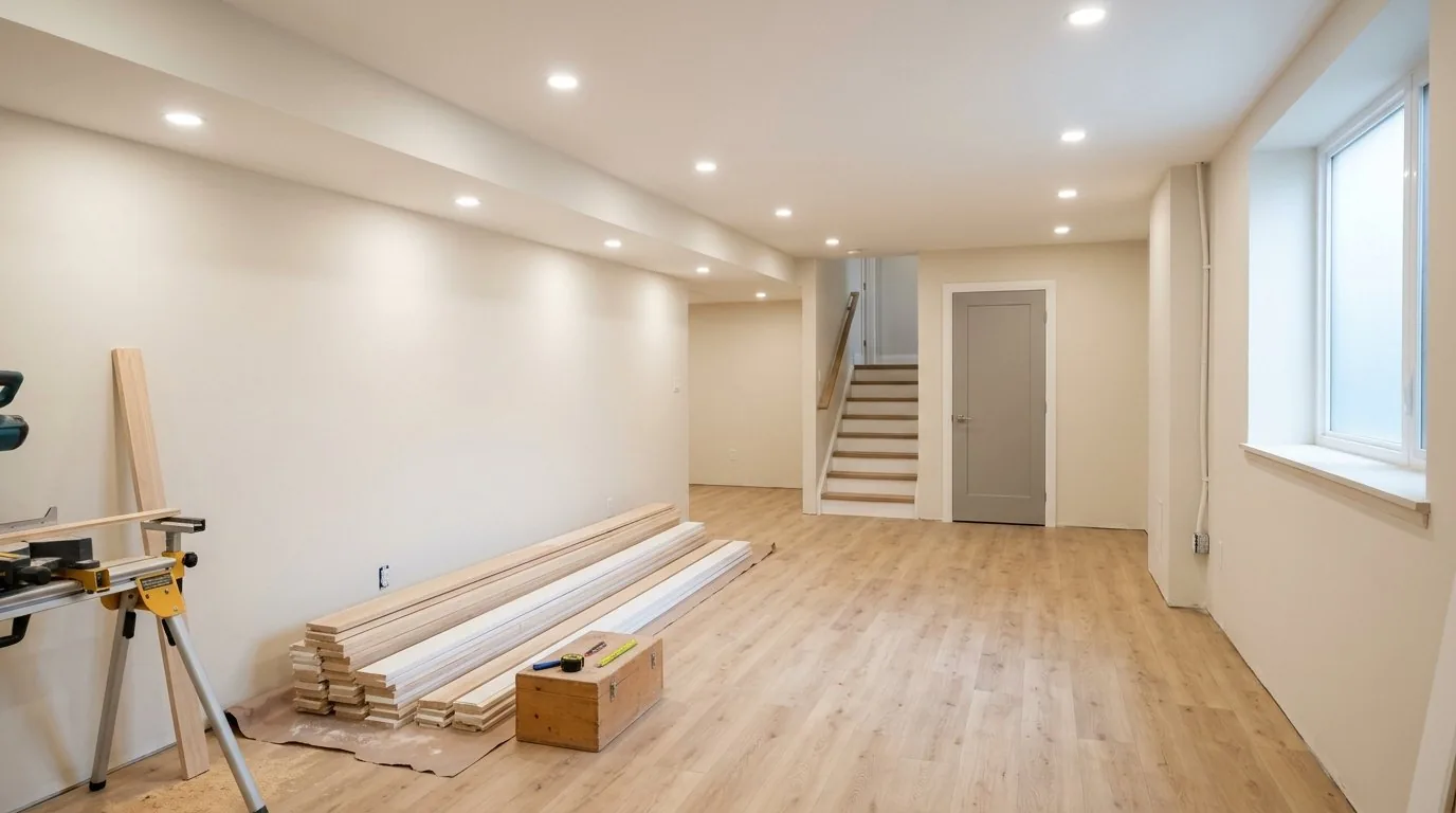 Basement renovation during final trim stage with painted walls and stacked baseboards.