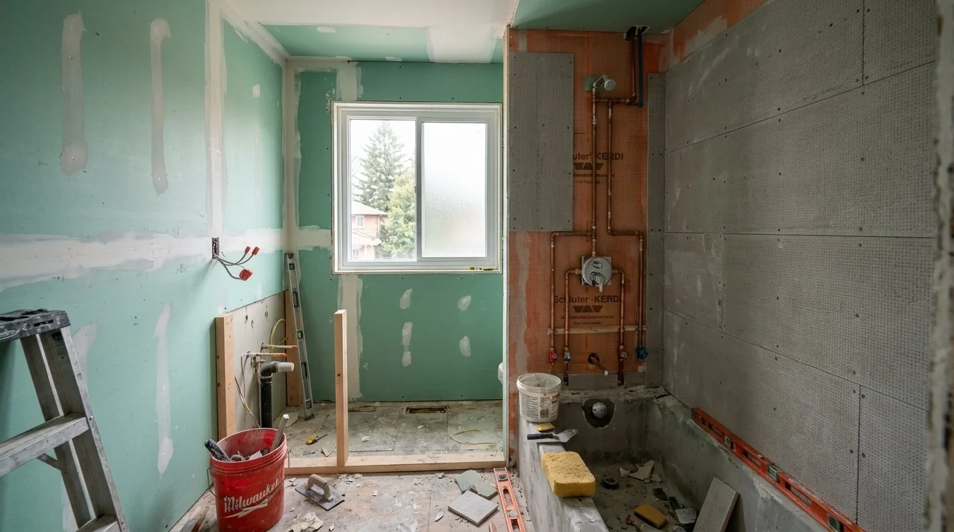 Bathroom renovation showing installed green drywall and exposed copper plumbing rough-ins.
