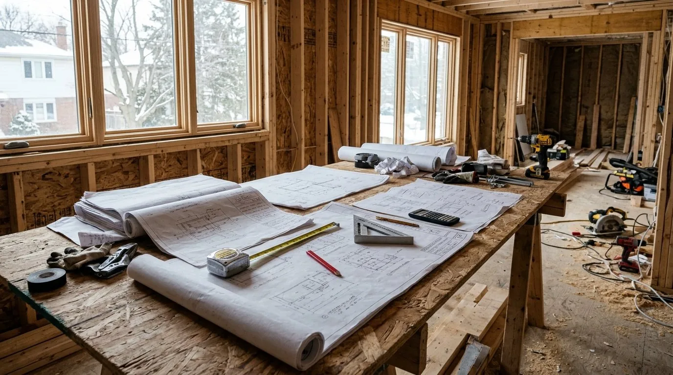 Architectural blueprints on a workbench during an interior timber framing renovation project.