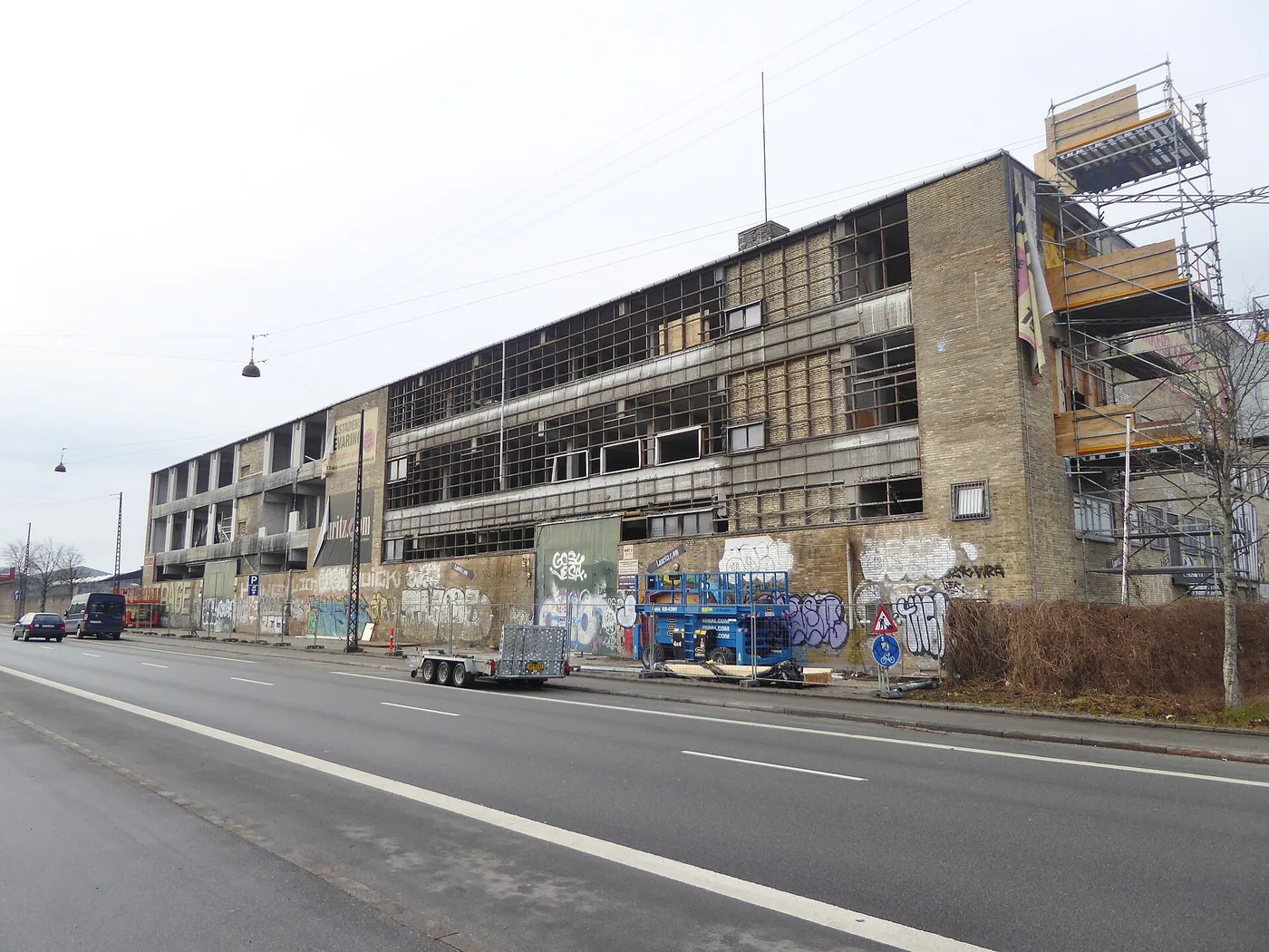 Commercial building under scaffolding during restoration