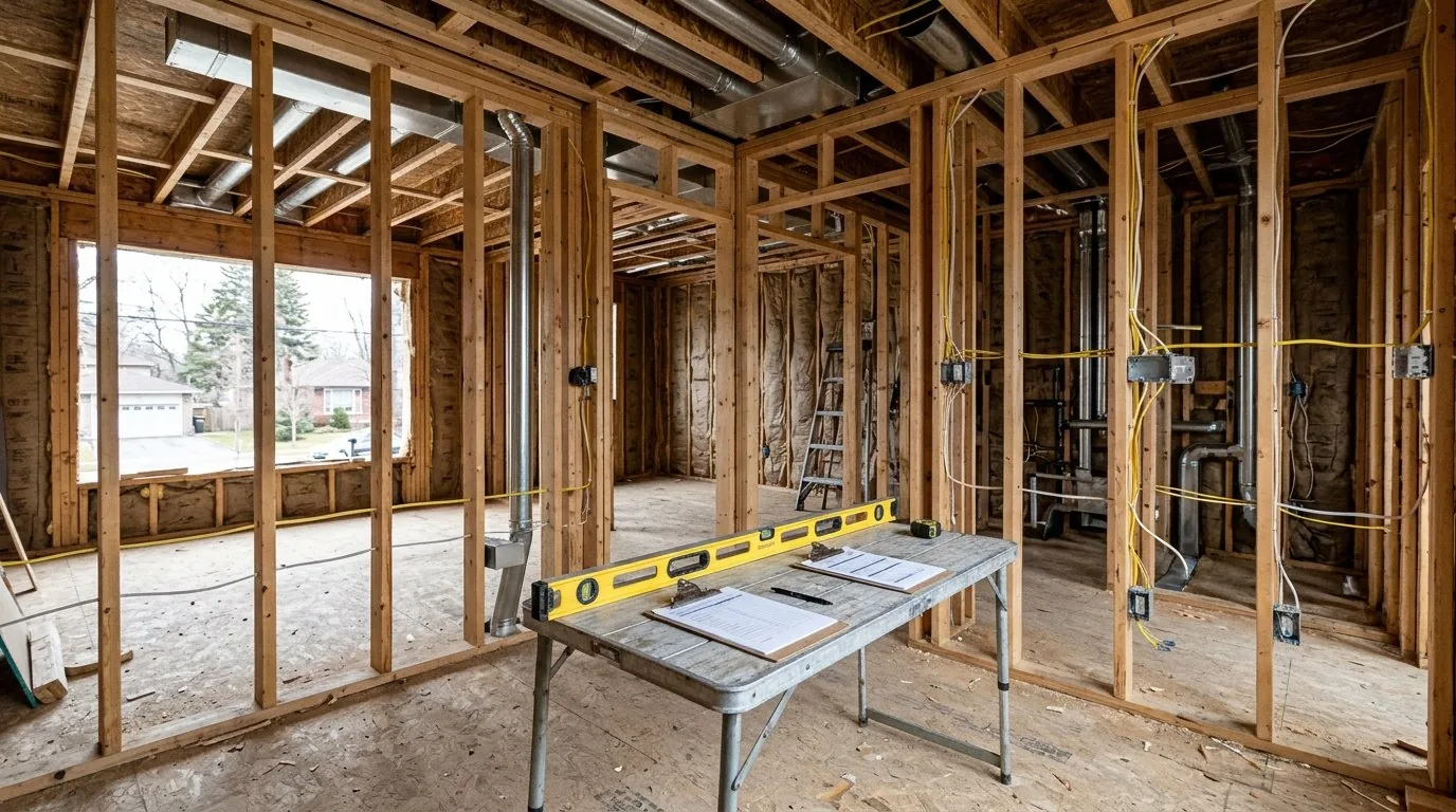 Exposed HVAC ductwork, electrical wiring, and timber studs during a rough-in renovation.