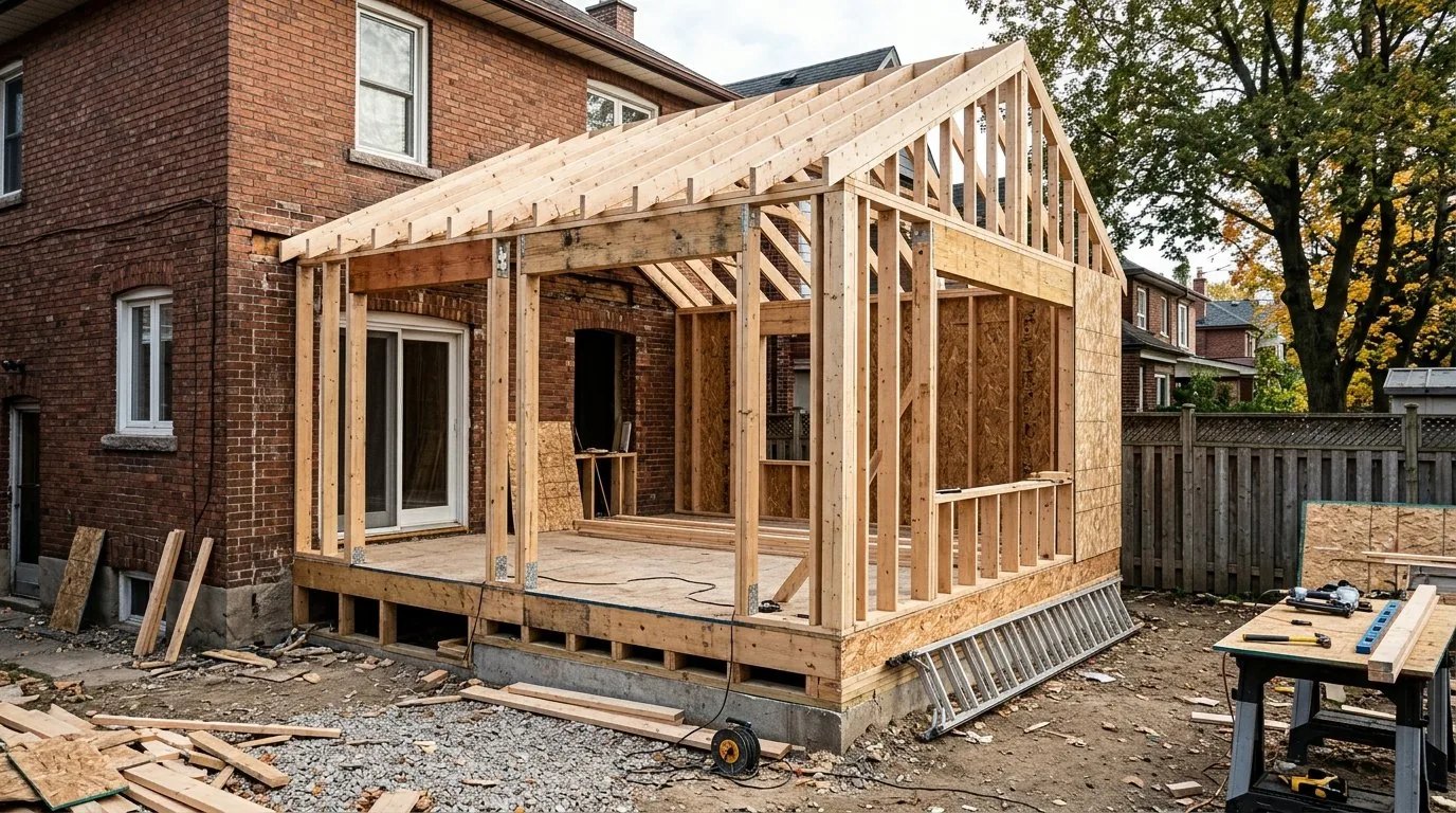 Wooden framing with bare studs and floor joists for a home addition.
