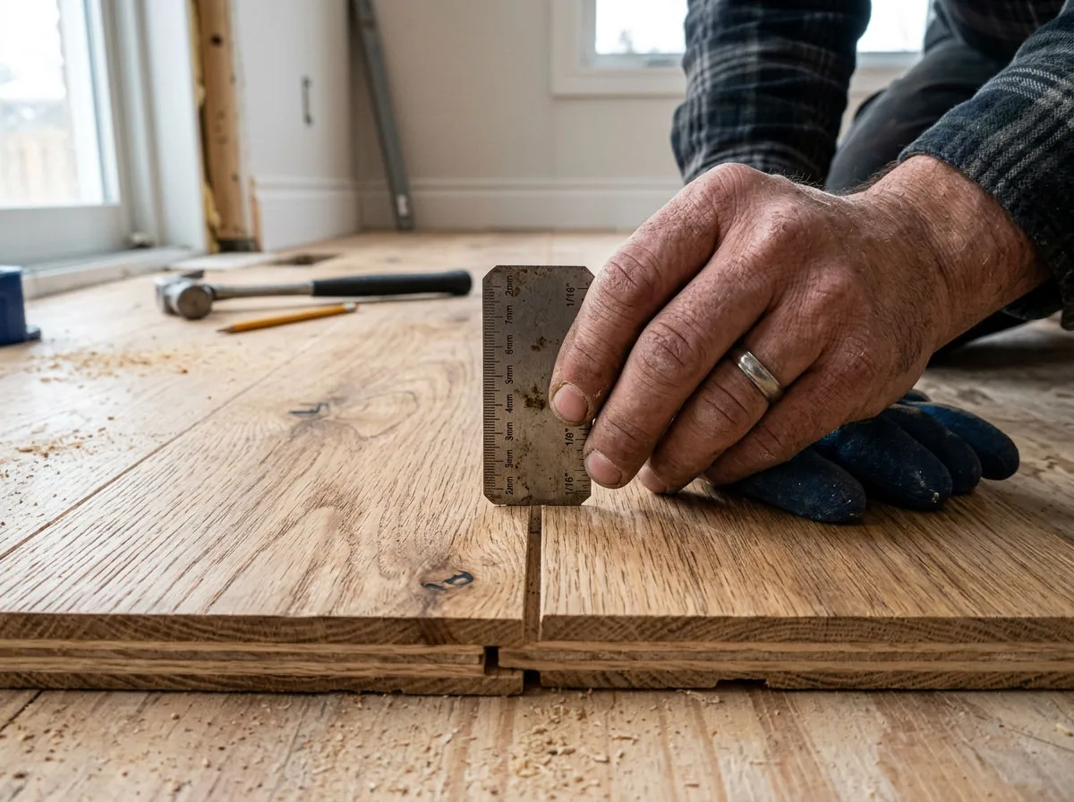Close-up view of a contractor checking the thickness of a hardwood floor board