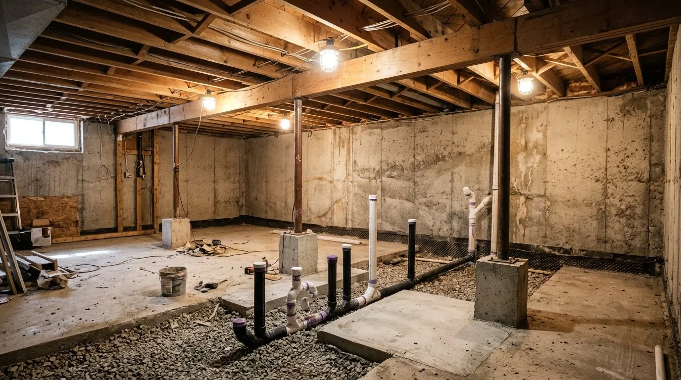 Rough-in plumbing and structural posts installed during an ongoing basement renovation.