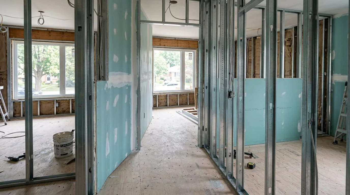 Interior reconstruction showing newly installed metal stud framing, drywall, and subflooring.