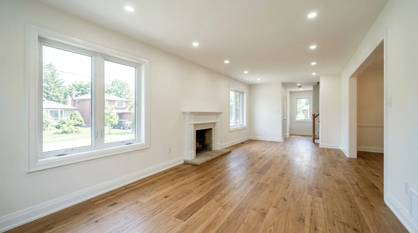 Completed living room restoration featuring freshly painted walls and new hardwood flooring.