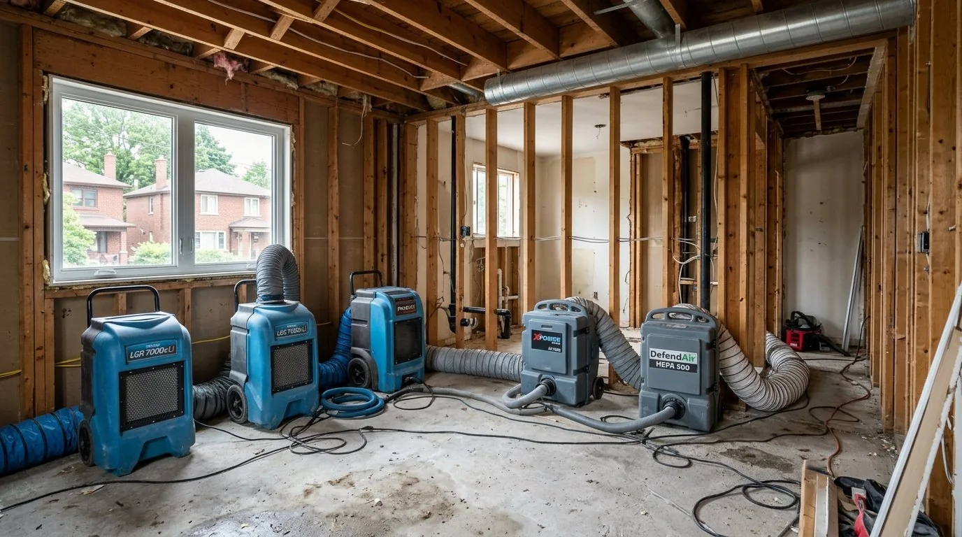 Commercial dehumidifiers and air scrubbers drying exposed wall studs during structural drying.