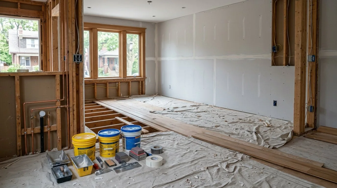 Fresh drywall installed on wood studs during residential interior reconstruction work.