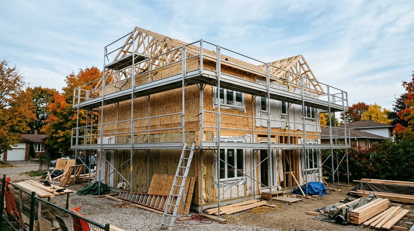 Exterior staging and secure guardrails installed for a residential framing and restoration project.
