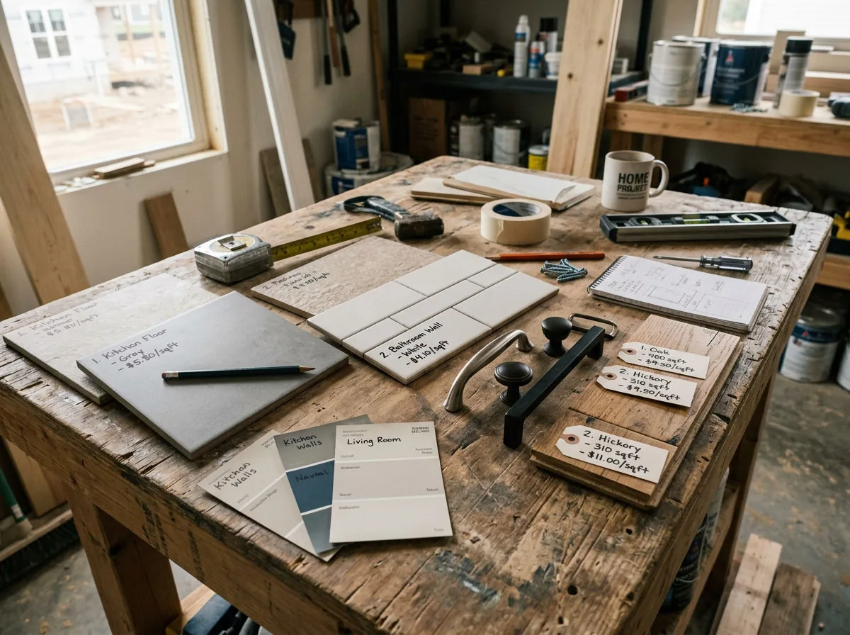 Close-up view of renovation materials labeled with prices and quantities