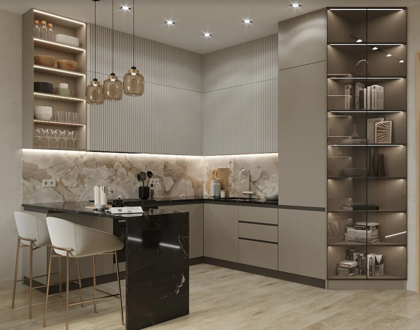 Finished modern kitchen with island seating