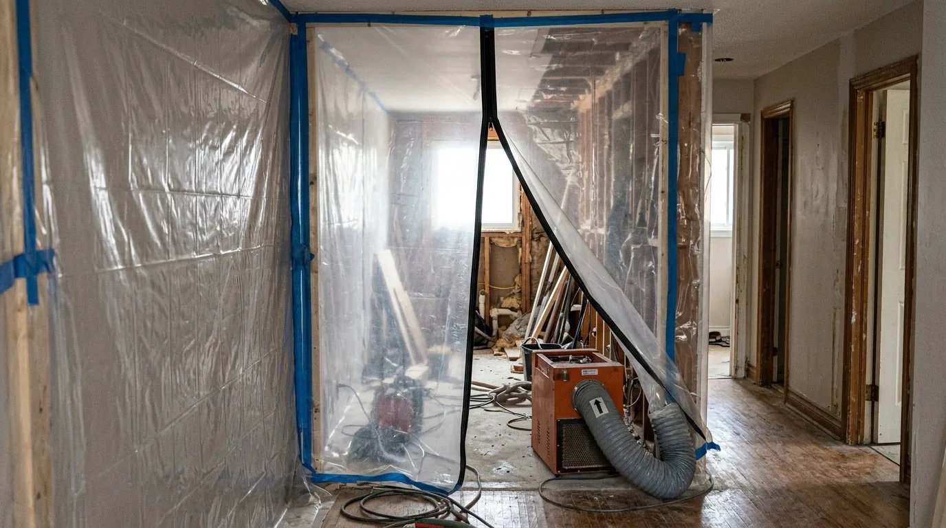 Plastic containment barriers and HEPA filtration units set up for structural remediation.