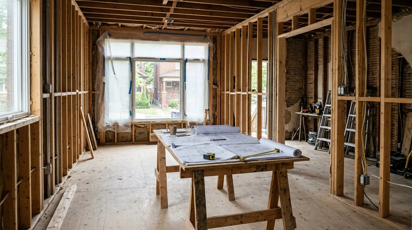 Architectural plans on table during home framing and pre-construction layout work.
